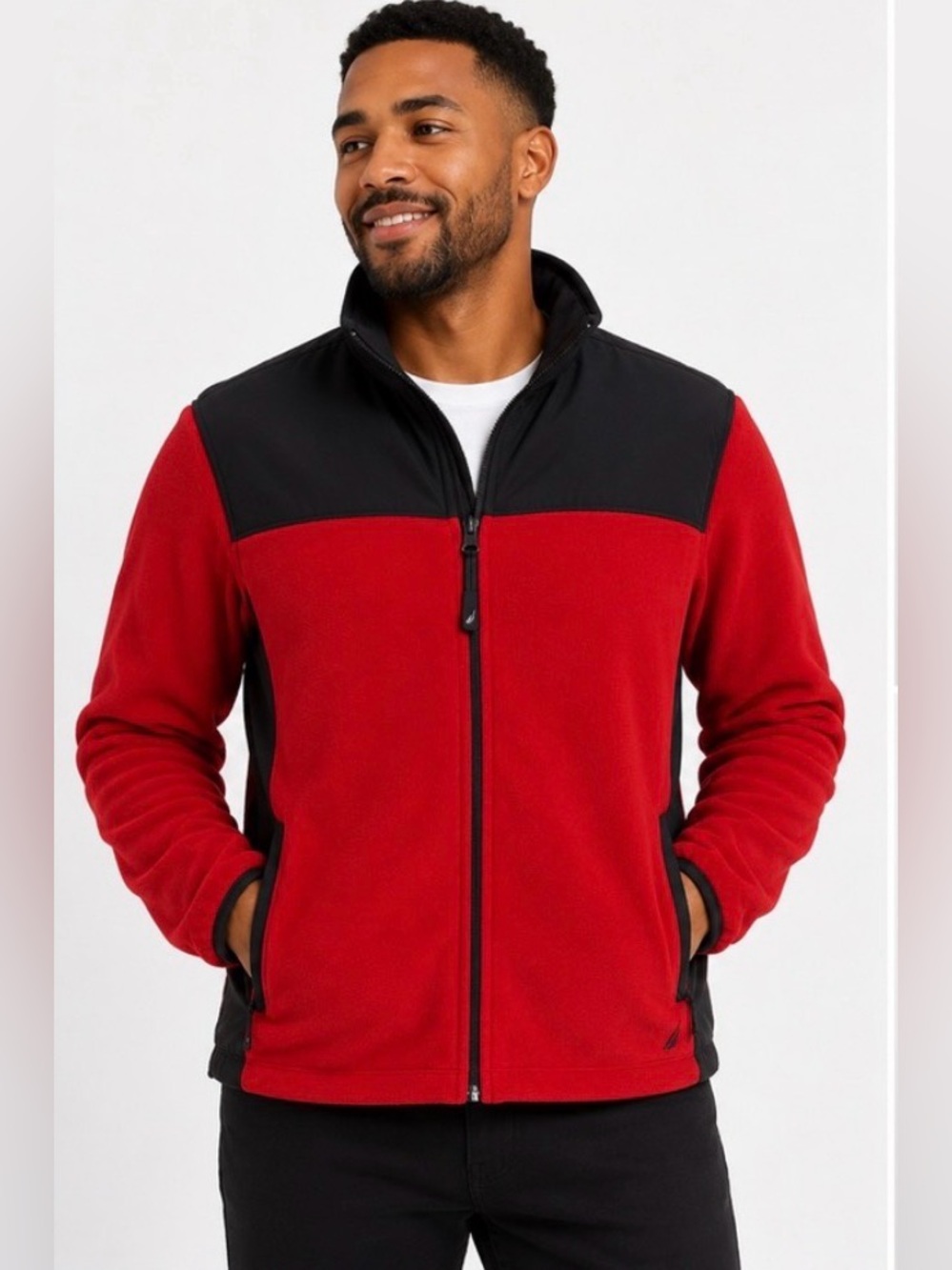 Nautica Red and Black Zip-Up Fleece Jacket unisex
